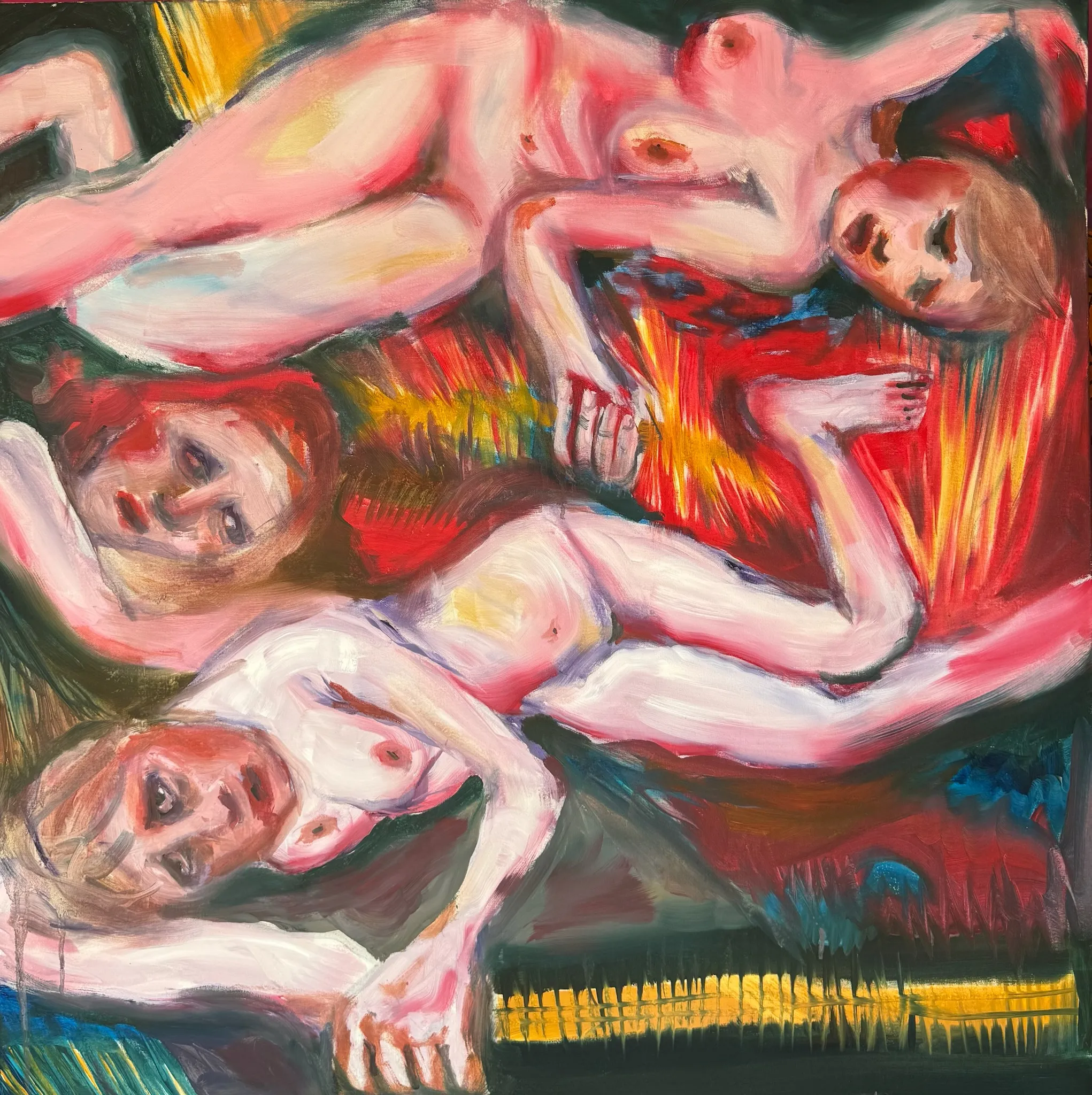 Liegende Figurengruppe in Rosa und Rot vor dunklem Grund mit flammendem Orange.
