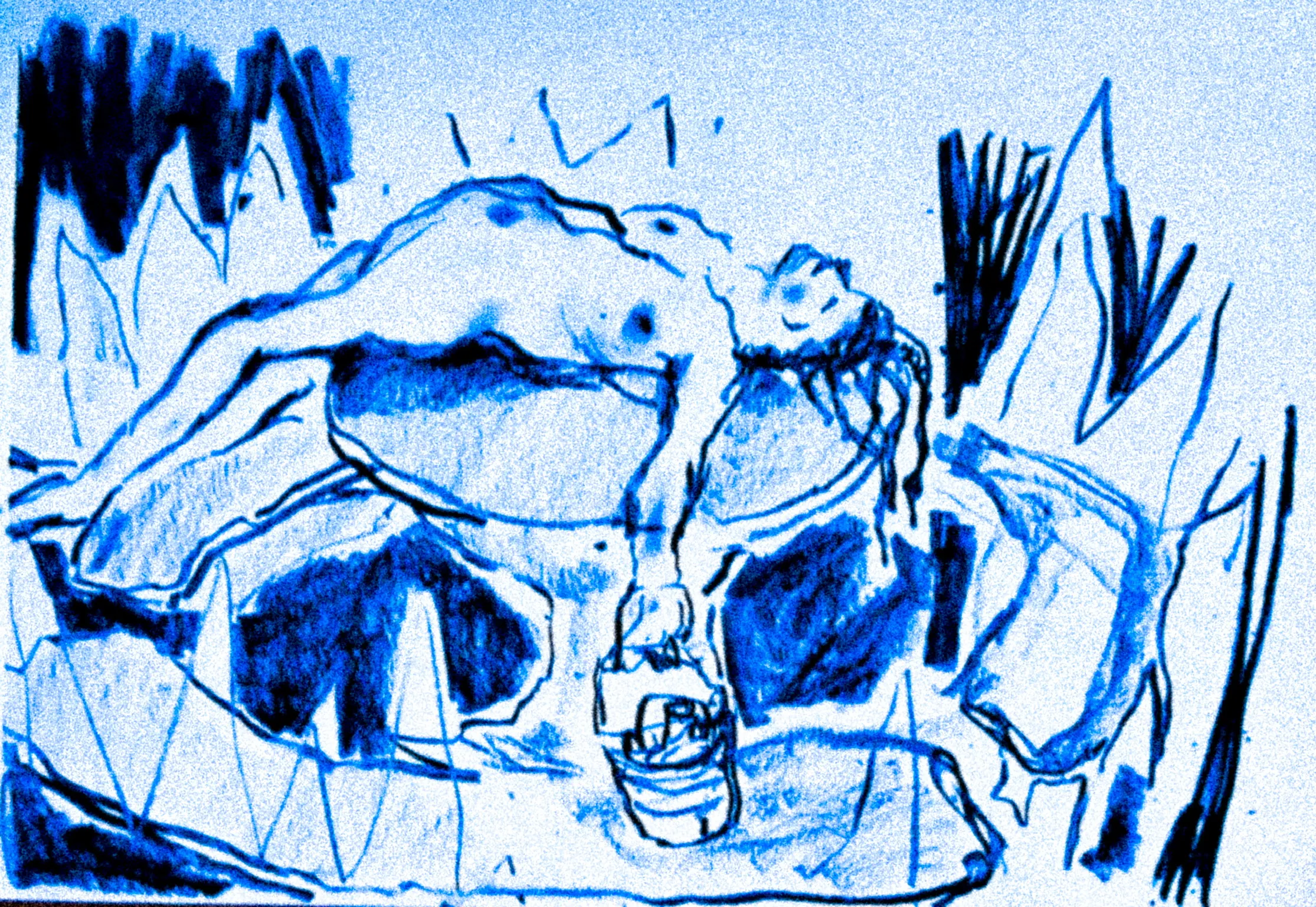 Die Arbeit „Eimer“ in Tusche auf Papier, Querformat.