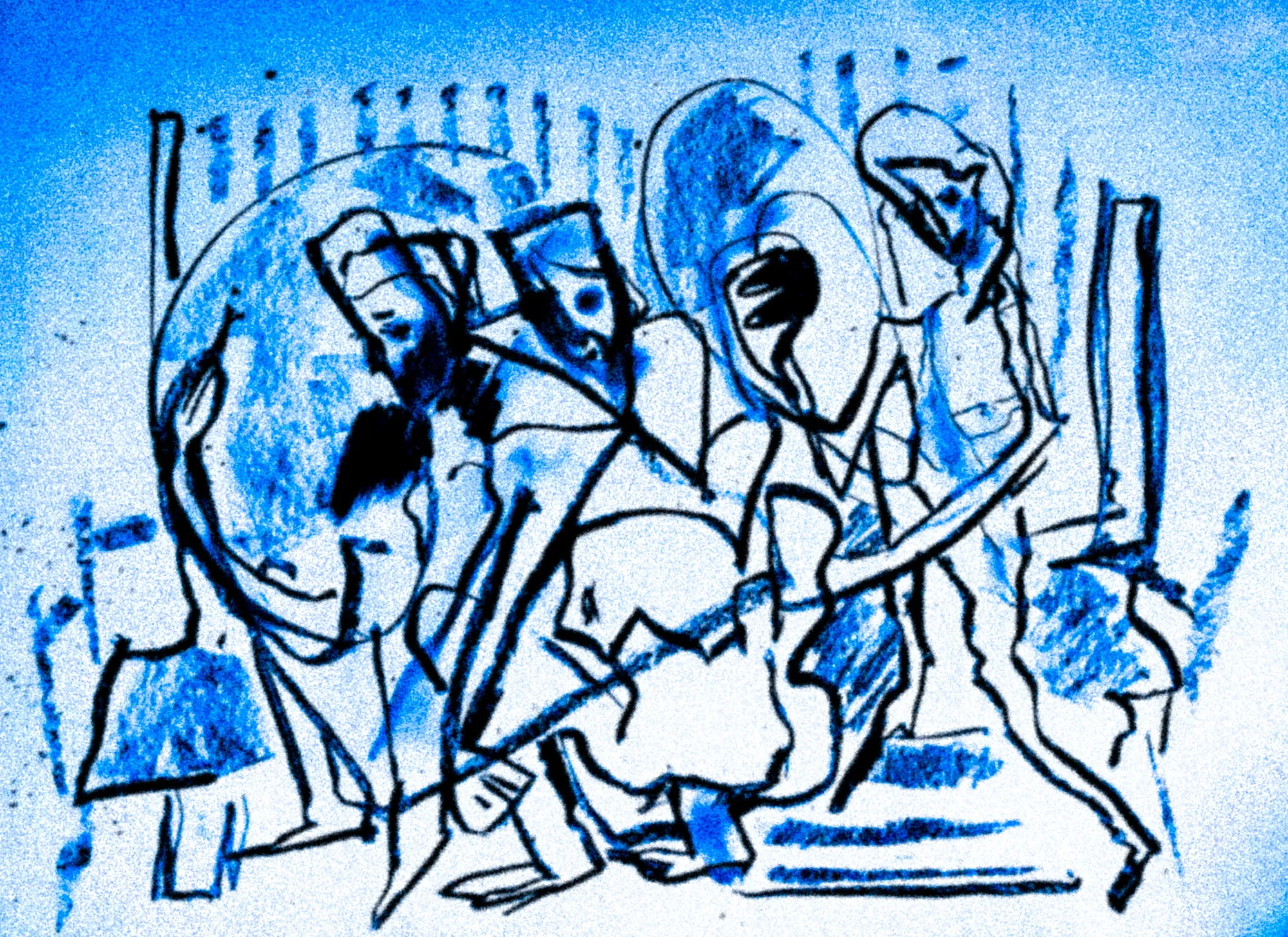 Die Arbeit „Runde“ in Tusche auf Papier, Querformat.