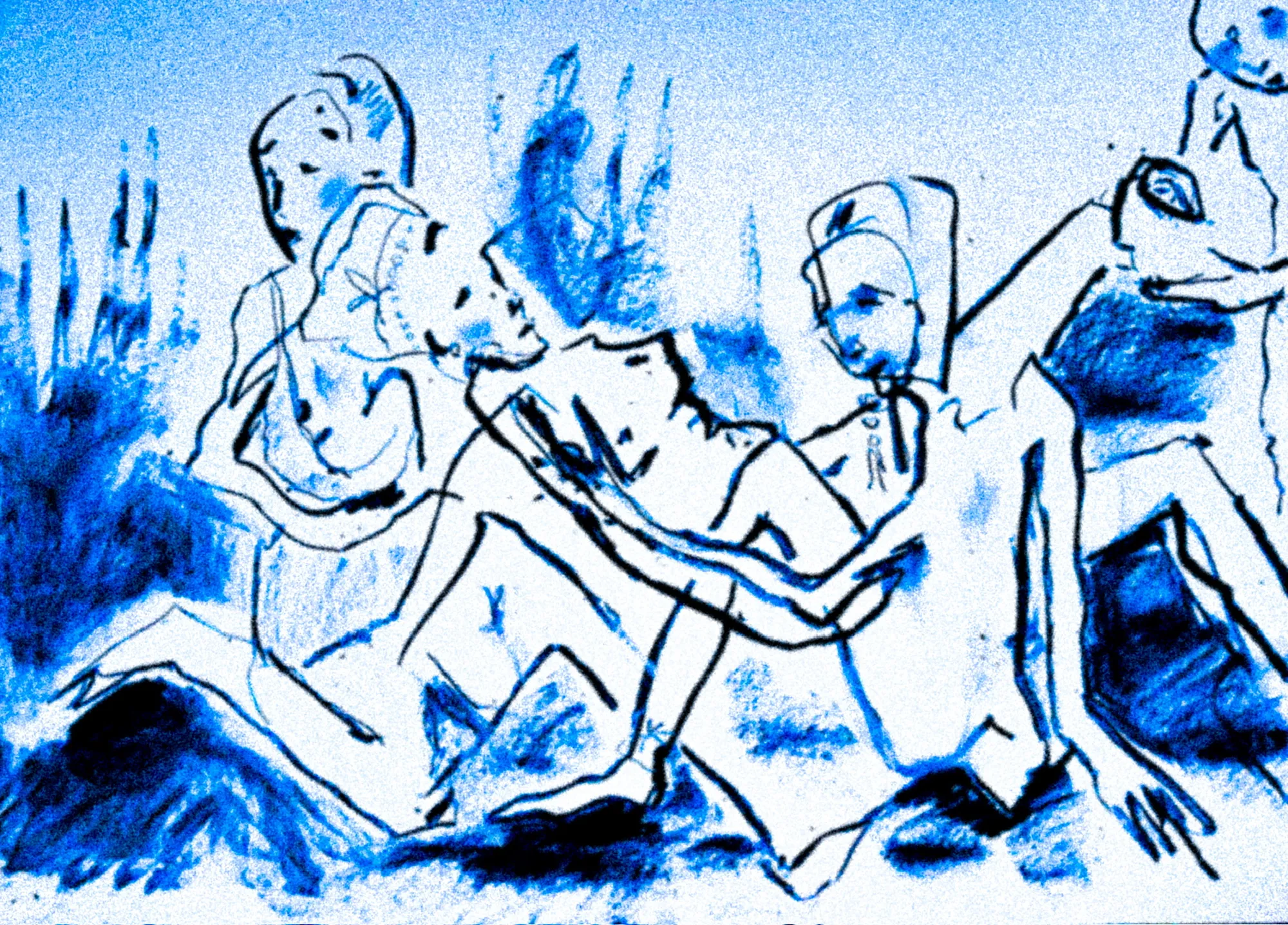Die Arbeit „Lager, blau“ in Tusche auf Papier, Querformat.