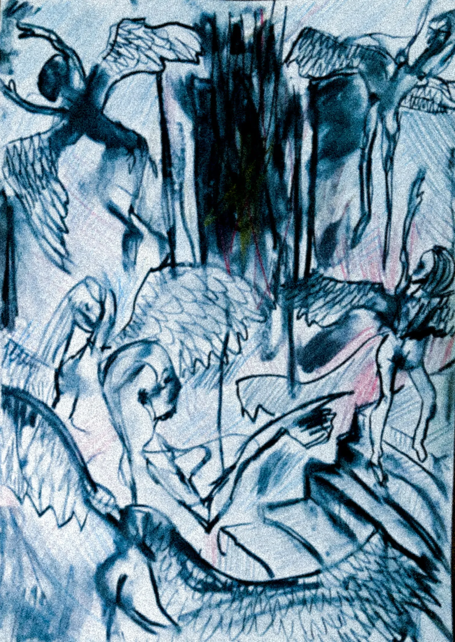 Die Arbeit „Engel“ in Tusche und Kreide, Hochformat.