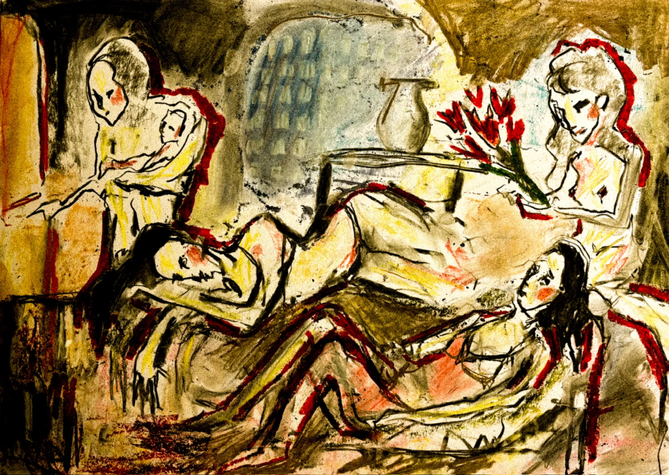 Liegende und sitzende Figuren, helle Fläche mit roten Blüten.