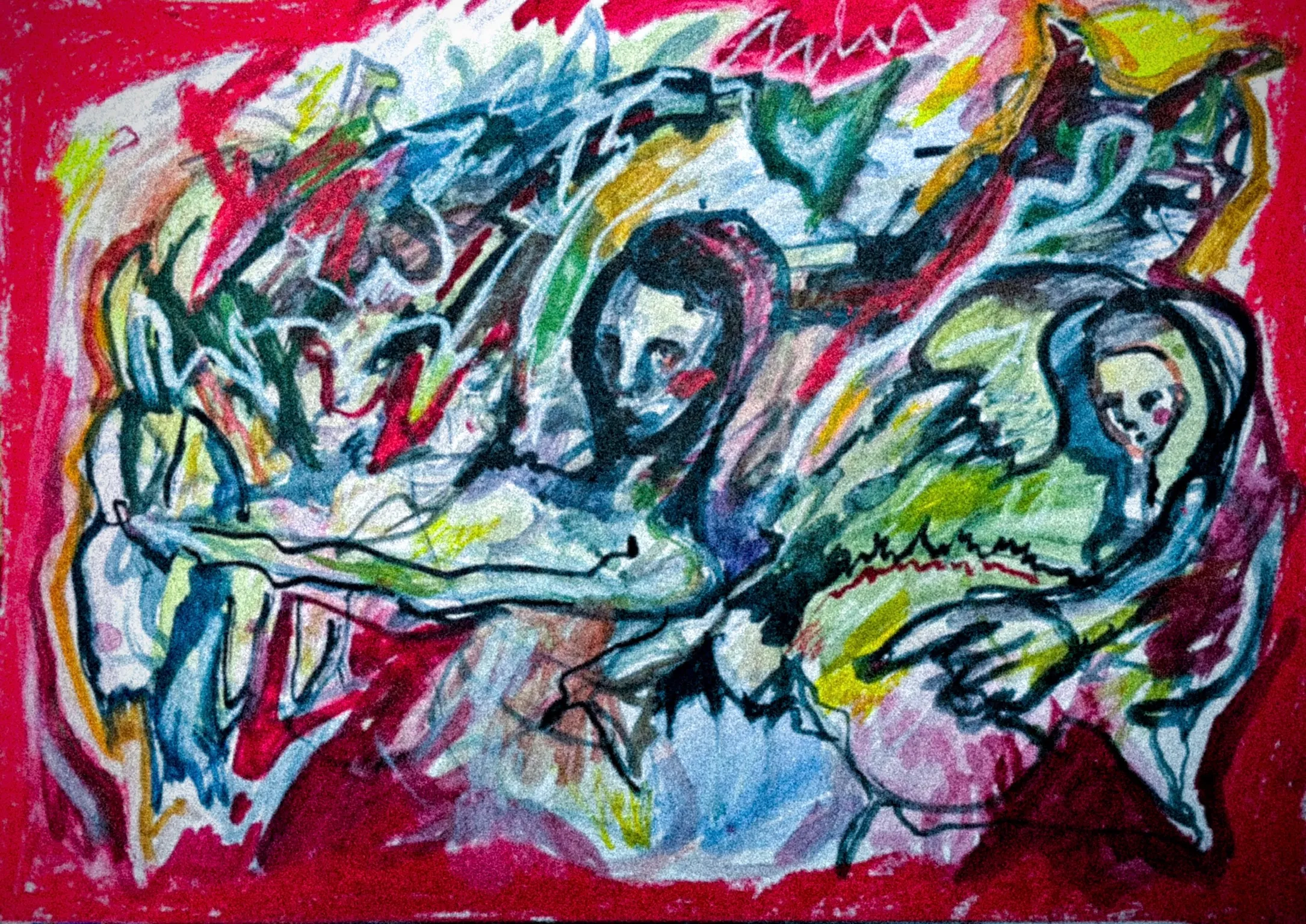 Die Arbeit „Rotes Feld“ in Ölkreide auf Papier, Querformat.